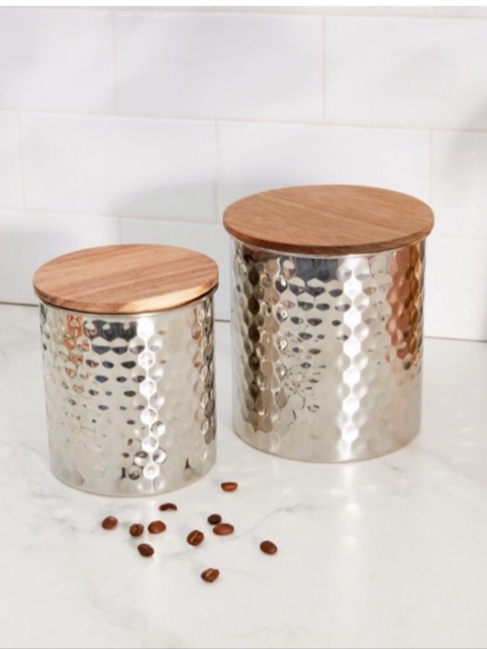 West Elm Set of 2 Uncommon James Hammered Silver Storage Canisters Wood Tops NEW